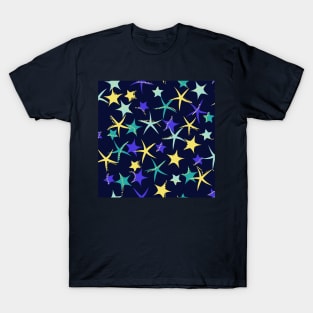 Starfish galaxy in deepest blue, deep periwinkle, butter yellow and teal green T-Shirt